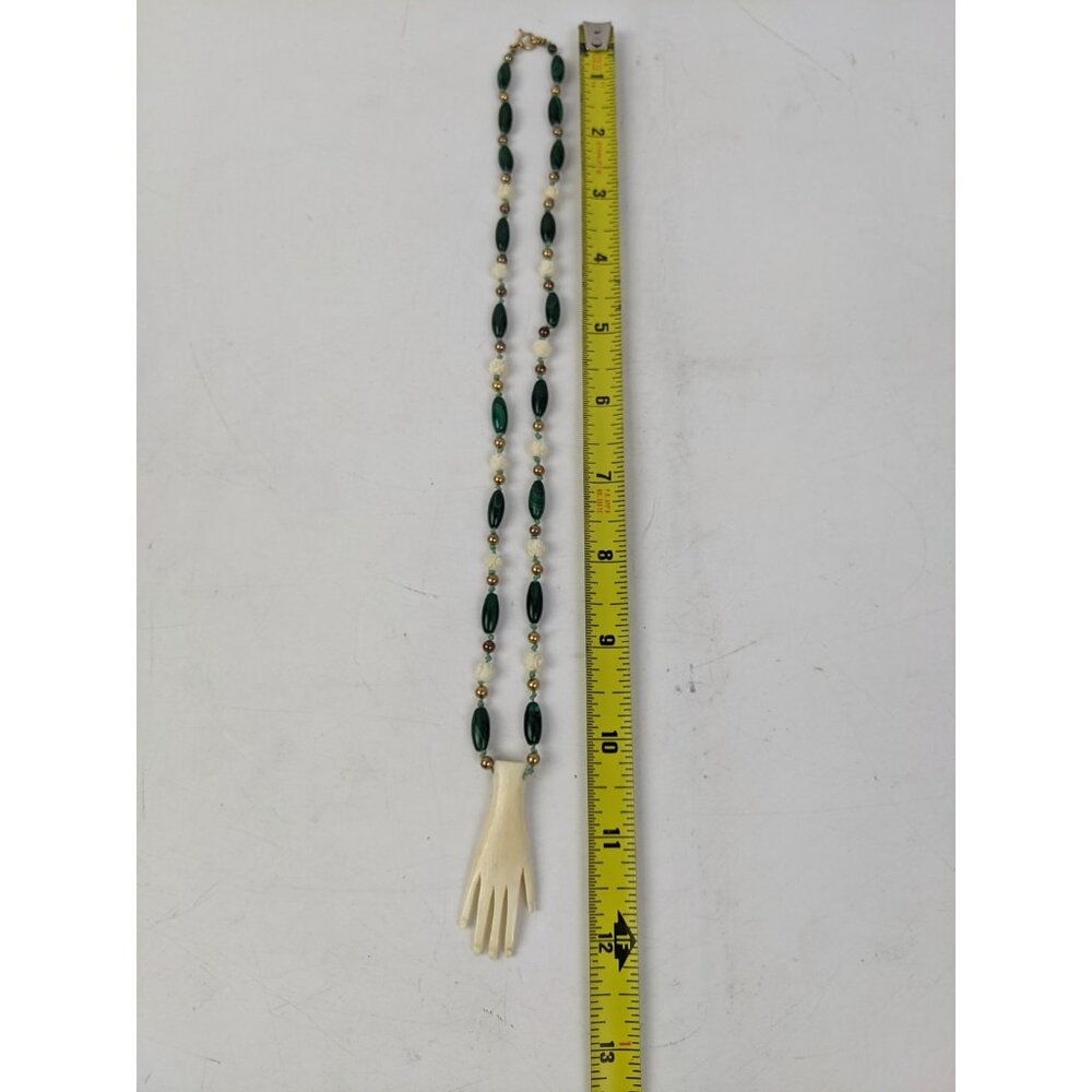 Vintage Mexican Folk Necklace Carved Hand Pendant w/ Malachite & Beads - Picture 11 of 12